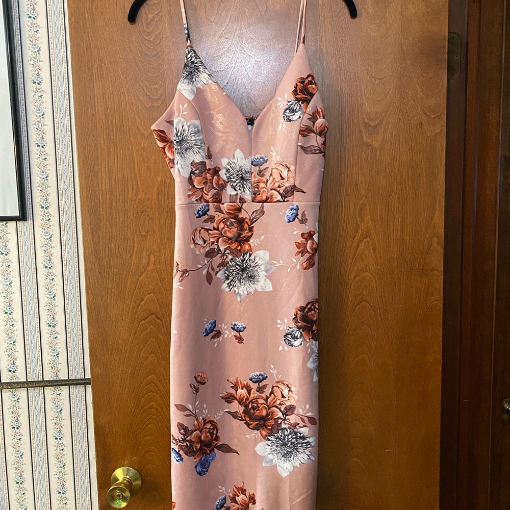 Blush Floral Midi Dress with Spaghetti Straps